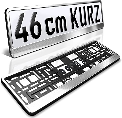 2 Kennzeichenhalter kurz | 46 cm Silber gebürstet | Für Kurze Kennzeichen | Edelstahl Look matt | Nummernschildhalter | Kennzeichen-Halterung | Nummernschild-Halterung | Für Auto-Schilder 460 x 110 mm