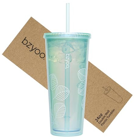 bzyoo SIP Gobelet en plastique à double paroi de 710 ml avec couvercle et paille – Tasse de voyage réutilisable, parfait pour le bureau, la piscine, les fêtes – Couleur : vert nacré