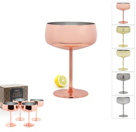TMNOVO Cocktail Coupe Glasses | Martini Glasses Set of 4 | Champagne Cocktail Glasses | Moscow Mule Mugs Cups 15 Oz | Steel Copper Cups | Espresso Martini Manhattan Bar | House Gift | (Matte Copper)