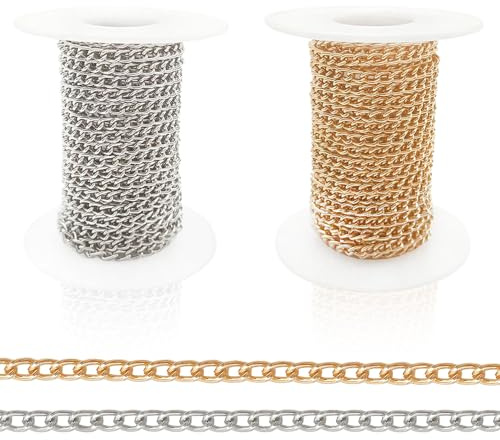 PHIEZC 10 meter kedja, smyckeskedja, guldkedja och silverkedja, för gör-det-själv-halsbandshantverk, (guld + silver, 5 x 3,5 mm)