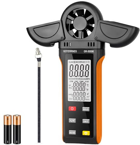 GOYERRNES Handheld Anemometer, Digital Wind Speed, temperature, humidity Gauge Meter, Air Flow Velocity CFM Measuring Device for HVAC Outdoor Sailing Shooting Golf