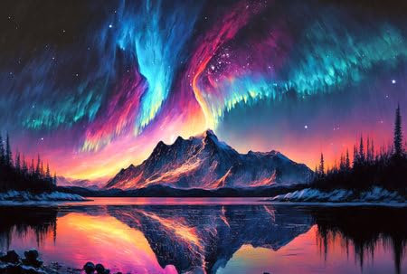 adrium Holz-Bild 90 x 60 cm: Nördliche Landschaft, Aurora Borealis, schneebedeckte Berge am Ufer des Sees (197004575)