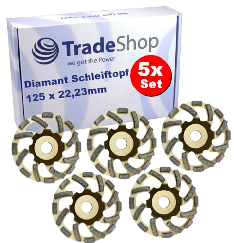 5x Trade-Shop Diamant Turbo-Segmente Schleiftopf abrasiv Ø 125mm 22,23mm Bohrung für Granit Beton Estrich Asphalt Putz Mauerwerk Naturstein Fliesenkleber