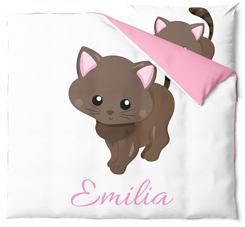 Pictogogo Personalisierte Kinderbettwäsche Set mit Katzen - Baby Bettwäsche Mit Namen - Wählbare Unterfarbe - Babybett Komplett Set - 1 Bettbezug & 1 Kissenbezug (80 x 80 cm, Braun)