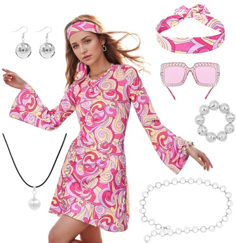 Matreeglam Hippie Kostüm Set für Damen, Retro Kleidung Frauen mit Kleid Stirnband Sonnenbrillen Haarschmuck, 60er 70er Party für Karneval, Cosplay Fasching Kostüme (Rosa, XL)