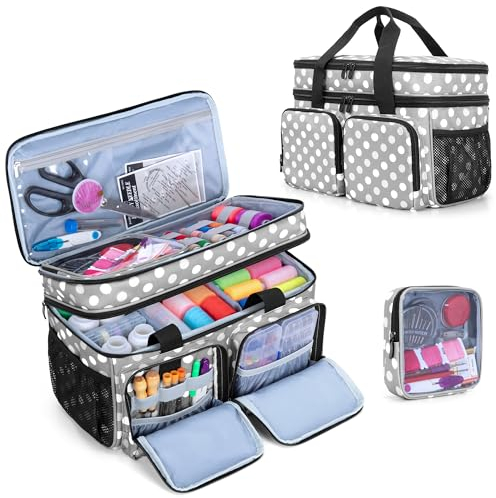 BAFASO Große Näh-Organizer-Tasche mit abnehmbaren Trennwänden, 2 Schichten, Näh-Aufbewahrungstasche, Gepunktet, Retro