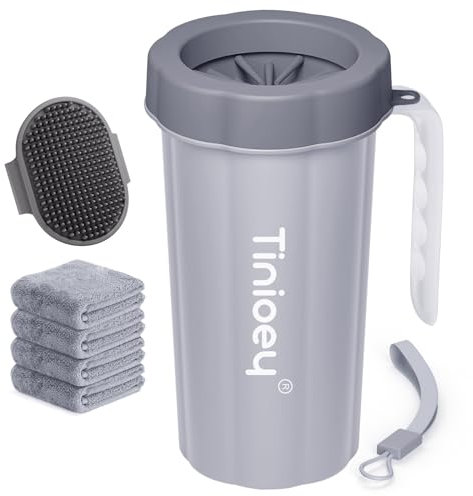 Tinioey Pfotenreiniger für Große Hunde mit Griff | Inkl.4 Hundehandtücher und Badebürste | Hundepfoten Reiniger/Pfotenreiniger/Sachen | Hundezubehör für Große Hunde (Grau)