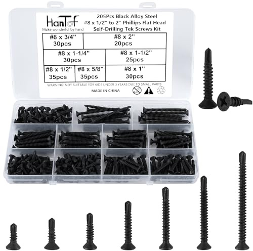 HanTof 205Pcs Black Flat Head Self-Drilling Screws for Metal, 8# x 1/2 to 2 inch Phillips Drive Countersunk Head Self-Tapping TEK Screws Assortment Kit, Sheet Metal Screws, Drill Point Deck Screws