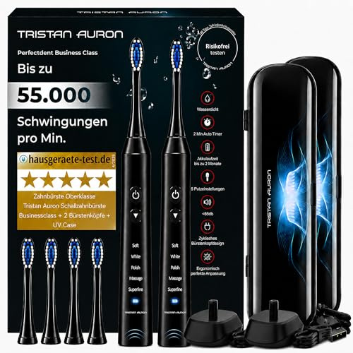 Elektrische Schallzahnbürste 55000 VPM, risikofrei 100 Tage testen | Tristan Auron Business Class Doppelpack (schwarz),60 Tage Akku, 5 Putzmodi,UV-Reiseetui,Ladegerät für elektrische Zahnbürste