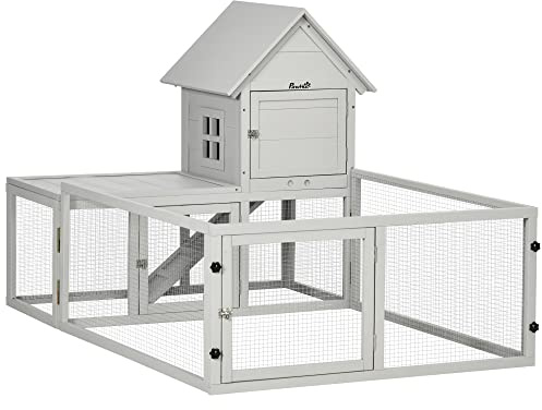 PawHut Rabbit Hutch Outdoor, Rabbit Hutch with Run, Wooden Rabbit Cage for Rabbit, Guinea Pig and Small Animals with Tray, 151.5 x 106 x 97cm, Light Grey