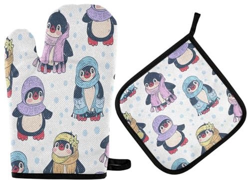 Ofenhandschuhe Niedliche Pinguine Mit Schal Cartoon Snowy Topfhandschuhe Qualitäts Grillhandschuhe Hitzeresistente Kochhandschuhe Für Grillen Backen Kochen