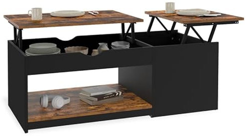 IDMarket - Table Basse 2 Plateaux relevables ELEA avec Coffre Bois foncé Effet Vieilli et Noir