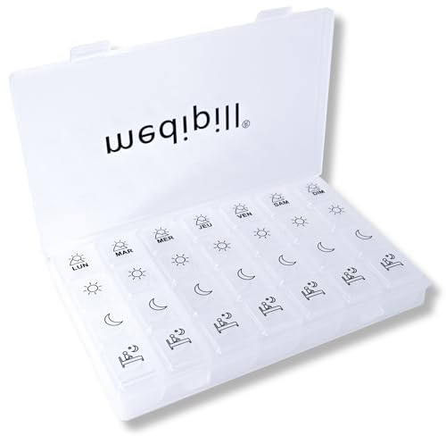 MEDIPILL - Medikamentendosierer für 7 Tage, 4 Einnahmen morgens Mittags Nacht liegend | 28 Fächer | Medikamentenbox | Transparent | MED-BOX28-TT