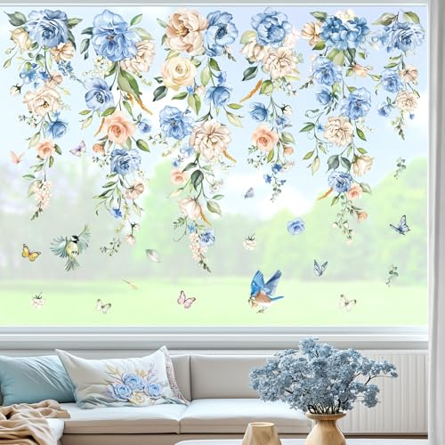 wondever Fensterbilder Blumen Rebe Hängende Pfingstrose Fenstersticker | Wiederverwendbar, Doppelseitig Statisch PVC Fensterdeko, Fenster Vogelschutz, Frühling Deko für Glas Tür Wohnzimmer Küche