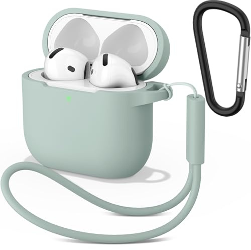 Wanme Schutzhülle für AirPods 4 Hülle, Weiche Silikon Cases, Schutzhülle Apple Airpods 4, Effektiver Stoß und Kratzschutz, Hülle mit Karabiner Und Handschlaufe, Mintgrün