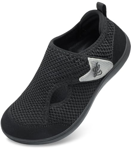 JOINFREE Barfota-promenadskor för kvinnor med bred passform – Zero Drop Comfort Trainers med justerbar rem, andningsbara, halkfria vardagsskor för svullna eller känsliga fötter, Svart, 9 UK Wide