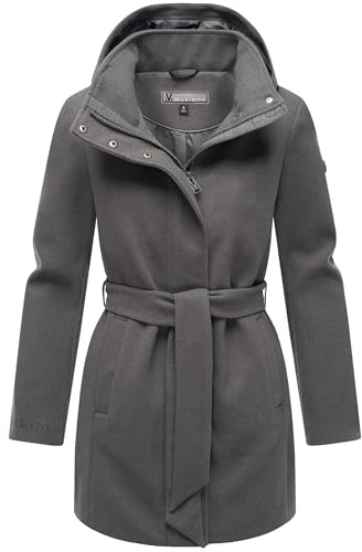 MARIKOO Damen langer Trenchcoat warme Übergangsjacke in Woll-Optik mit abnehmbarer Kapuze Katalinaa 16 XS-3XL
