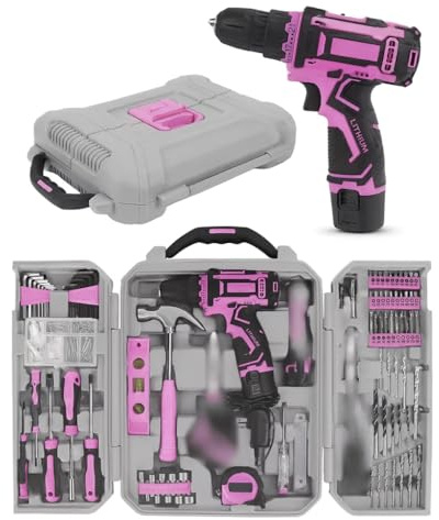 219-Piece Pink Home Tool Kit with 12V Cordless Drill – Complete DIY Repair Set with Durable Toolbox & UK Plug for Home, Office & Craft Projects