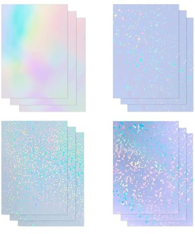 VELLUSTRA 12 Blatt Holografische, A4 Vinyl Holografische Aufkleber Papier Selbstklebend Holografische Overlay Folie, DIY Glitzerfolie Klebefolie für Dekoration, 4 Styles Gemischt