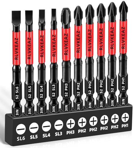 10-PCS 3 Long Magnetic Screwdriver Bits Set: Phillips Bits #1/#2/#3 & Slotted Head - S2 Alloy Steel, 1/4 Hex Shank for Impact Driver, Power Drill - Pro & DIY