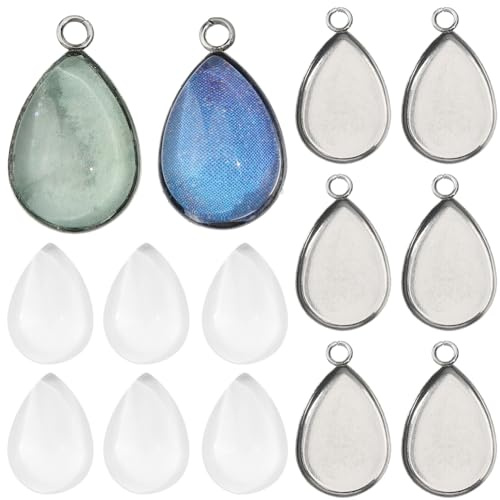 SUNNYCLUE 1 Box 120 Stück 60 Sets Tropfen Lünette Anhänger Tabletts Tropfen Anhänger Blanker Kuppelrahmen Cameo Metall Edelstahl Cabochon Tablett Für Schmuckherstellung DIY Klassenkameraden Blumenstra