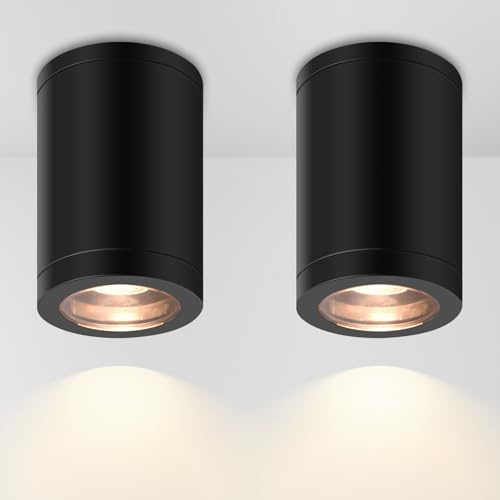 FUDESY LED Ceiling Light 2 Pack, IP54 Waterproof Surface Mounted Downlight, GU10 Outdoor Black Ceiling Spotlight, Round Spot Lights for Kitchen, Bedroom, Living Room, Bathroom, Hallway