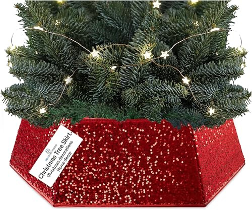 DECO EXPRESS Christbaumständer Abdeckung mit Glitzernden Pailletten, 85 x 25 cm, Hexagon Tannenbaum Kragen, Ideal als Weihnachtsbaum Deko (Rot Pailletten)