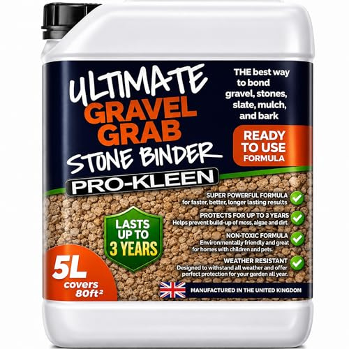 Pro-Kleen Ultimate Gravel Grab 5L (Covers 80 ft2) - Stone Glue Binder Fixing Spray - For Gravel, Slate, Mulch, Bark & More - Protects for up to 3 Years - Non Toxic, Weather Resistant & Porous Formula
