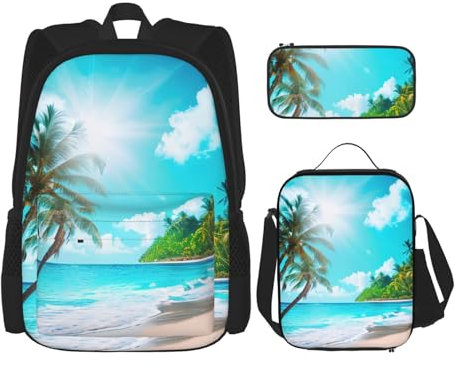 LONGZEHAO Mochila versátil ajustable de gran capacidad con diseño de playa tropical y océano tropical, 3 piezas, lonchera y estuche para lápices