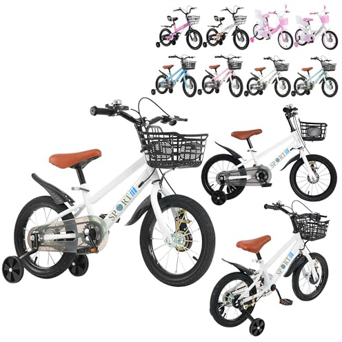 XUANYU 12 Zoll Kinderfahrrad mit Korb, Stützräder und Kettenschutz, Fahrrad für Jungen und Mädchen von 2 bis 4 Jahren (Weiß-Schwarz)