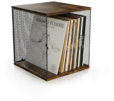Kryntex Vinyl Record Storage Cube Stackable Wooden LP Album Holder Crate Fits 55–60 Records, Natural Wood Record Organiser Box for Home or Studio