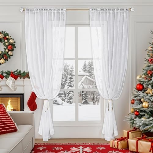 Beauoop Sheer Christmas Curtains 84 Inches Long 2 Panels for Living Room Bedroom White Snowflake Xmas Winter Holiday Decor Privacy Light Filtering Rod Pocket Voile Window Treatments Drapes 52x84 2 Set