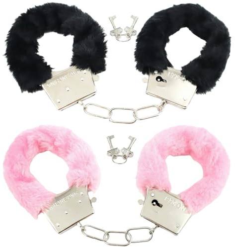 2 Paar Handschellen Set mit 4 Schlüsseln, Rosa Plüsch Handfesseln für Cosplay Partyzubehör, Sexy Schwarz Metall Handschellen für Polizei Kostüm Requisite, Valentinstagsgeschenke & Geschenke