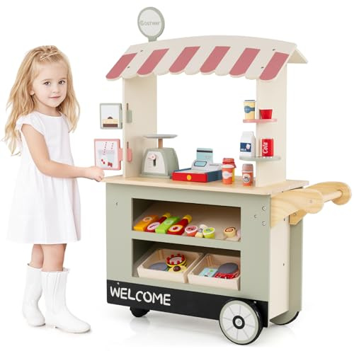 COSTWAY Kaufladen Kinder, Kaufmannsladen Holz mit 2 Ablagen, Schiebegriff & Zubehör, Einkaufsladen auf 3 Rädern inkl. Getränkeregal, Waage & POS Maschine, für Kinder ab 3 Jahren (Grün)