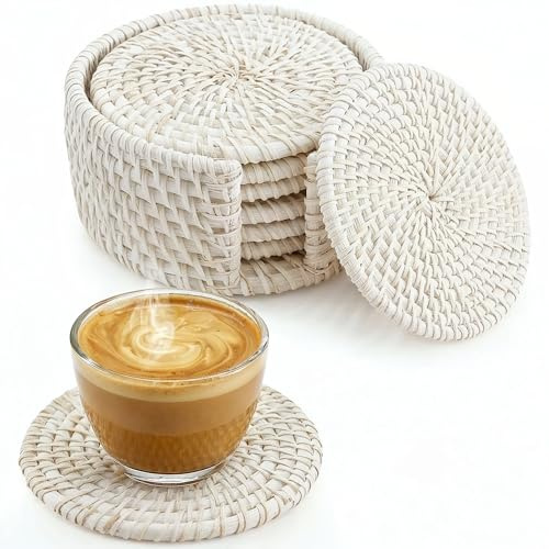 JUNGLE CULTURE Handmade Rattan Coasters Set of 6 with Holder • Whitewashed | Six 10cm Round Coasters & Matching Stand • Real Cane, Woven by Hand in Vietnam • Protects from Heat & Rings
