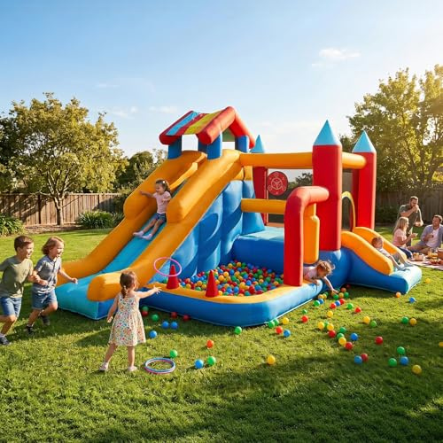 9-in-1 Hüpfburg mit Wasserrutsche & Sicherheitsnetz – AONESY Aufblasbare Hüpfburg für Kinder Outdoor/Garten – mit Gebläse, für Geburtstagsfeier, als Geschenk für 3-8 Jahre