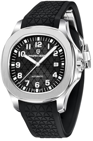 Pagani Design YS031 - Orologio automatico da uomo di lusso, con cinturino in FKM fluorogomma a quadri, cristallo di zaffiro, movimento giapponese 8215, impermeabile fino a 100 m, cassa in acciaio