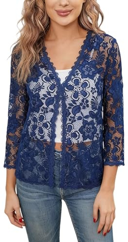 KUUFUUT Elegante Coprispalle da Donna A Maniche A 3 4 in Pizzo Floreale Trasparente Giacca Festiva per Abito da Sera Bolero da Ufficio in Pizzo Aperto sul Davanti Blu Royal Taglia XL