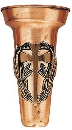 REAL VOTIVA FONDERIE D'ARTE Portafiori Medio in Bronzo - Decorazione Croce - Vaso in Rame - Attacco a Braccio [P.03.1498/16/RA]