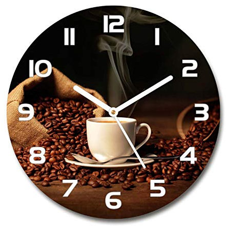 Tulup Horloge en Verre Rond 30cm - Silencieuse sur Pied Salon Design La Mur Impression Verre Sécurité - Aiguilles d'horloge Blanches - Café dans Une Tasse