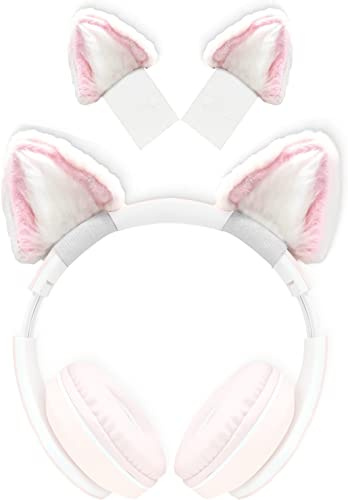RUKUHOT Cute Cat Ears Headphone Attachment,Adjustable Design Fit for Logitech G PRO HypreX Cloud/Cloud Flight Headphones and More,Cosplay Kitten Ears,(Headphones not Included),Pink & White