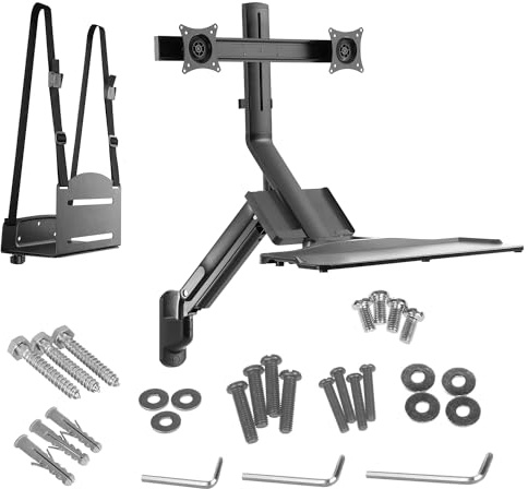 Maclean MC-633 Station de travail assis-debout 3 en 1 : support mural pour moniteur 2 voies avec étagère pour clavier et support d'ordinateur 43,2 à 81,3 cm Ressort à gaz