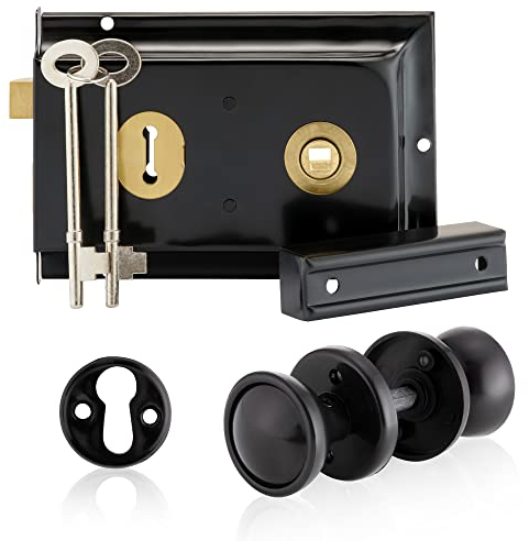 XFORT Rim Knob Set Black, Complete with A Rim Lock, Plastic Door Knob and Escutcheons, Designed for Wooden Barn, Gate and Shed Doors