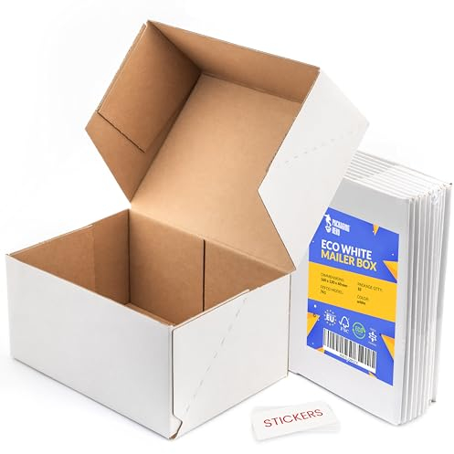 Packaging Hero 16 x 12 X 6 cm (aprox. 6.3 x 4.7 x 2.35) White Corrugated Cardboard Mailing Boxes, gift boxes, e-commerce box with free clear round stickers (10 pack)