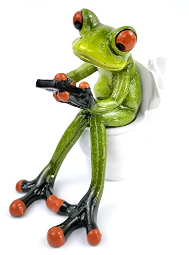 VVGIFTS Frog Figurines Decor Funny Cute Craft Resin Frog Sculpture Statue for Home Office Desk Tabletop Bathroom Decoration, Ornament Gift (Frog Sitting on Toilet)