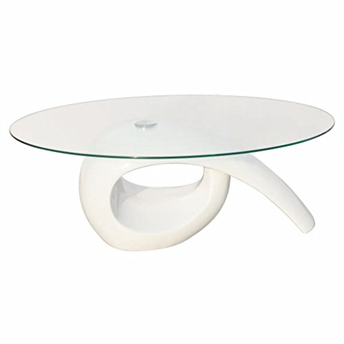 Susany Soffbord, soffbord, vardagsrum, sidobord med oval glasplatta 115 x 64 cm (L x B), högglansigt vitt, vardagsrumsbord