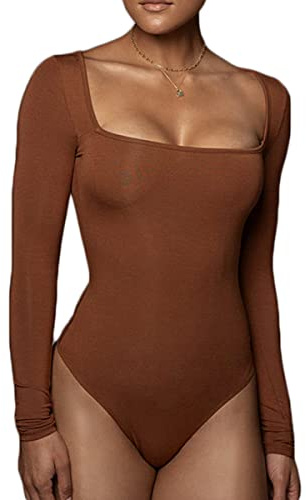 Buliezy Body Dame Langarm Bodysuits mit Elegant Slimming Jumpsuit Stringbody Dünnes Vlies Warm Unterhemden,Braun,L
