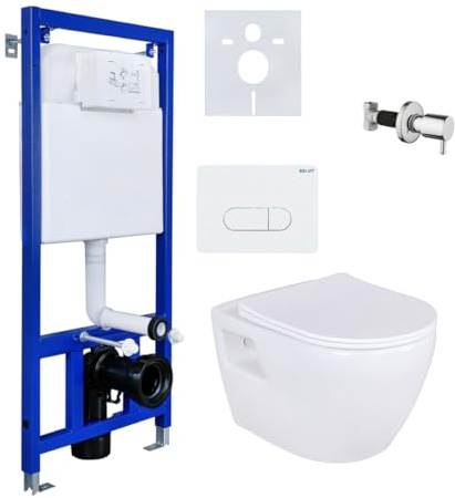 ALONI WC suspendu complet sans rebord, bidet Taharet/bidet en acier inoxydable avec vanne d'arrêt, élément de paroi 3/6 L, profondeur du réservoir 80 mm, thermodurcissable, plaque d'actionnement