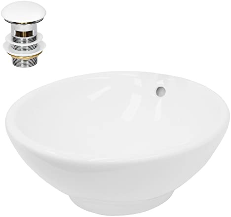 ECD Germany Waschbecken Waschtisch Ø 420x170 mm Rund Keramik Weiß inkl. Ablaufgarnitur für Waschbecken mit Überlauf Aufsatzbecken Aufsatzwaschbecken Aufsatzwaschtisch Waschschale Spülbecken Becken