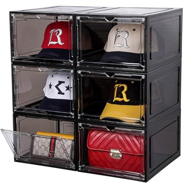 Attelite Hat Organizer for Baseball Caps, set of 6, Stackable Hat Storage Box With Transparent Magnetic Door, Hat Rack, Easy to Assemble Stylish Display(Clear Black)